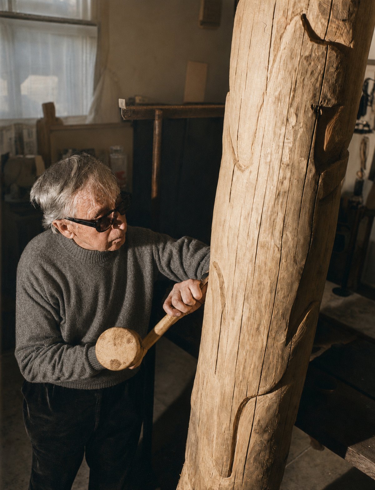 Hans Jakob Meyer i sit atelier i Feldmeilen, i færd med at snitte en træskulptur.